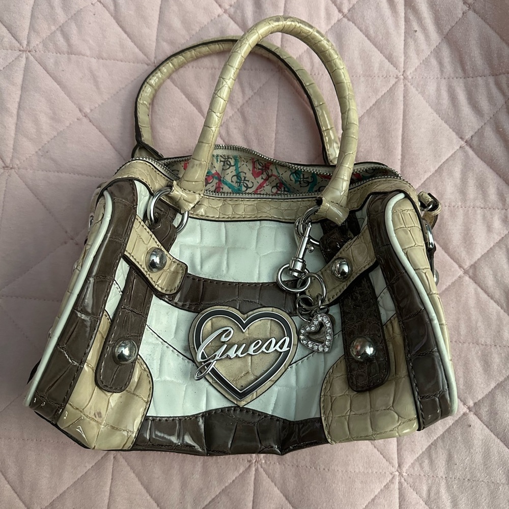 Guess Brown and Tan Satchel with Heart Embellishment